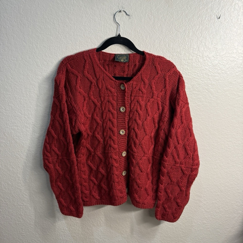 Carraig Donn | Red Heritage Cable Knit Cardigan 100% Merino Wool Ireland Size M